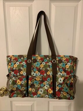 thirty-one Multicolor Floral Canvas Utility Tote with Brown Straps